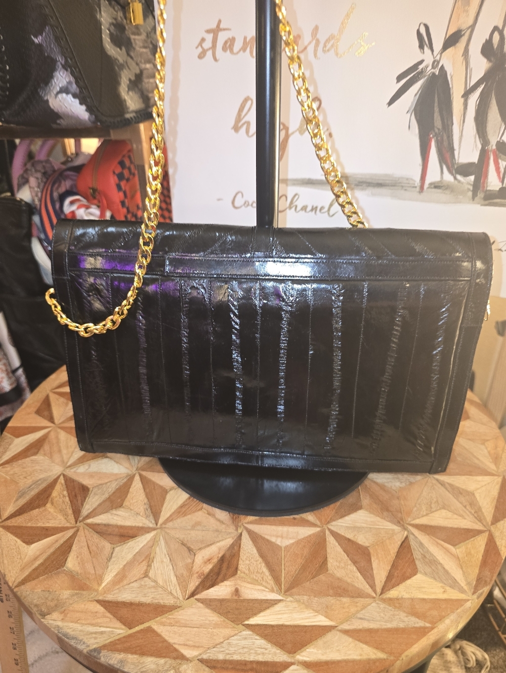Victory Black Quilted Chain-Handle Shoulder Bag/Clutch 100% Eel Skin - Picture 4 of 14